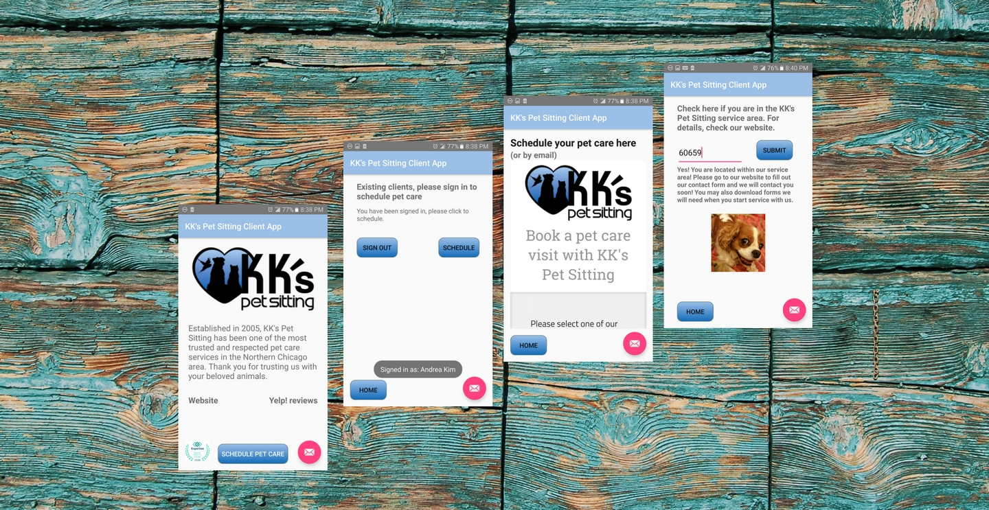 Screens of KK's Pet Sitting app, background image from Unsplash
